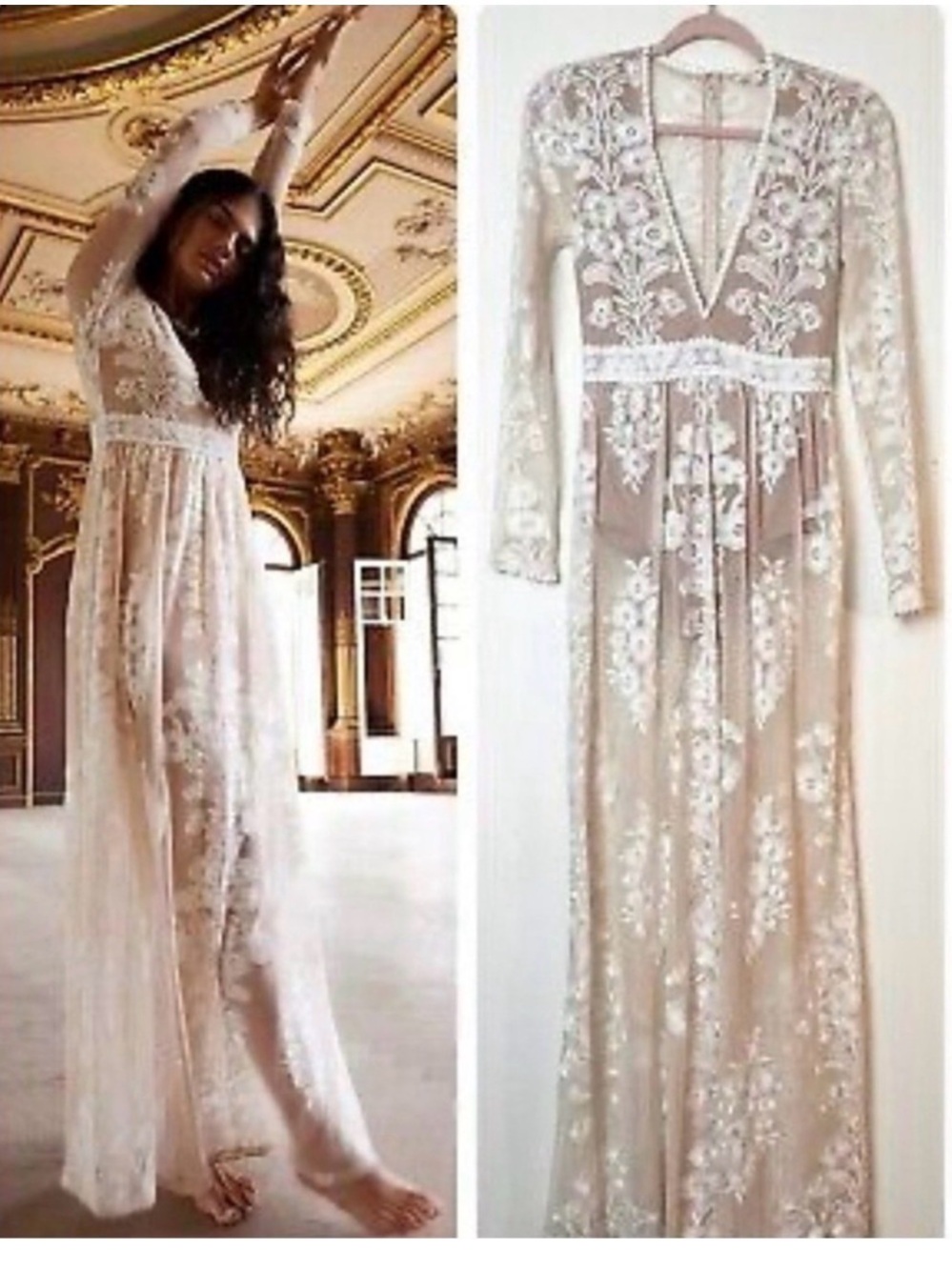 For Love & Lemons Sheer Nude Maxi Dress with White Floral Embroidery
